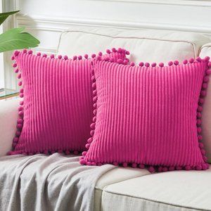 Hot Pink Corduroy Luxury Farmhouse Velvet Pompom Cute Throw Pillow Cover/CaseSet